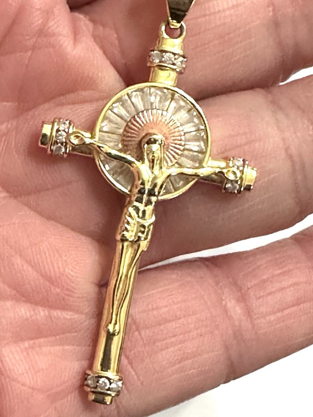 Gold Plated 925 Sterling Silver Crucifix Cross Pendant CZ Baguette Halo Jesus